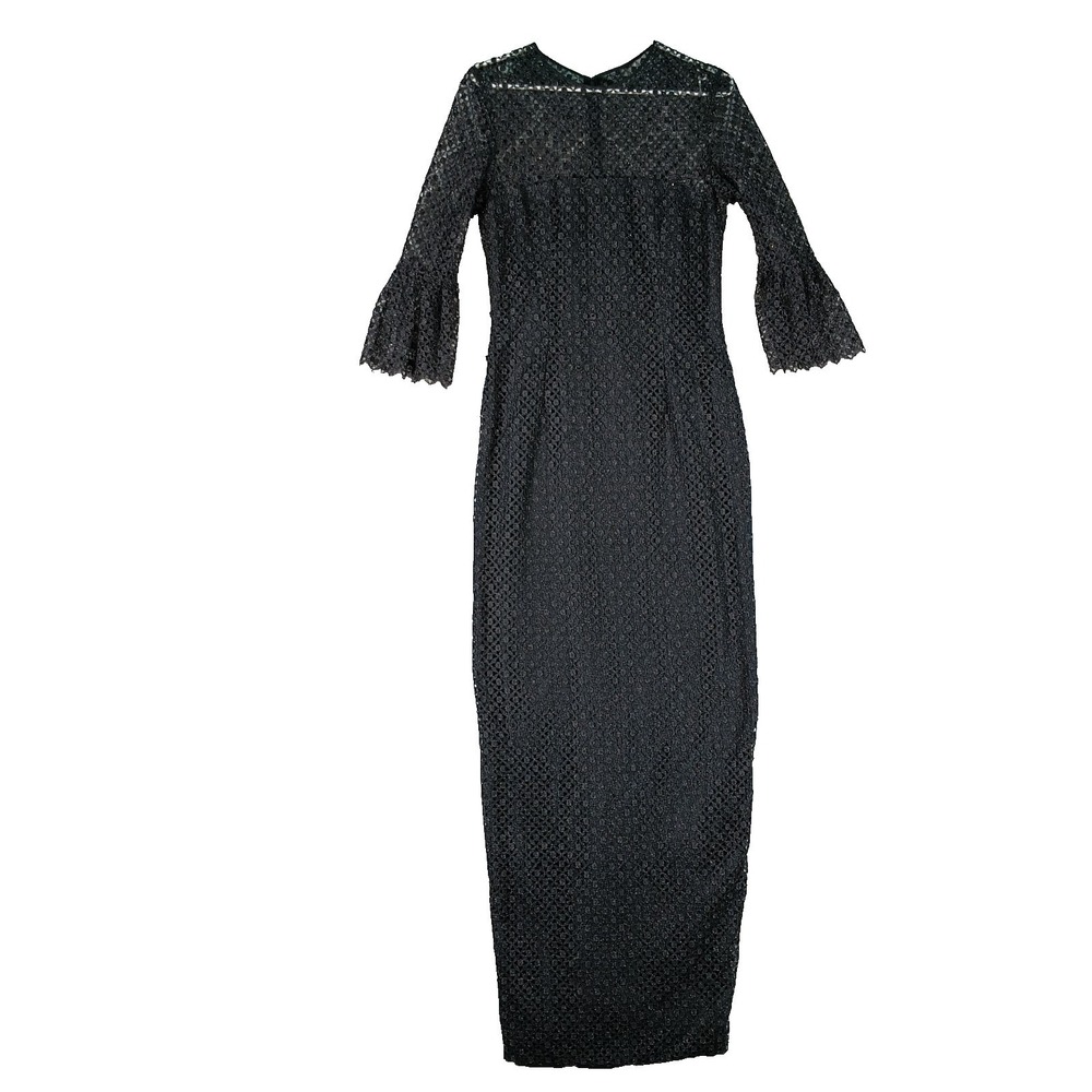Carmen Marc Valvo Evening Gown Womens Size 6 Black Metallic Lace Bell Sleeve